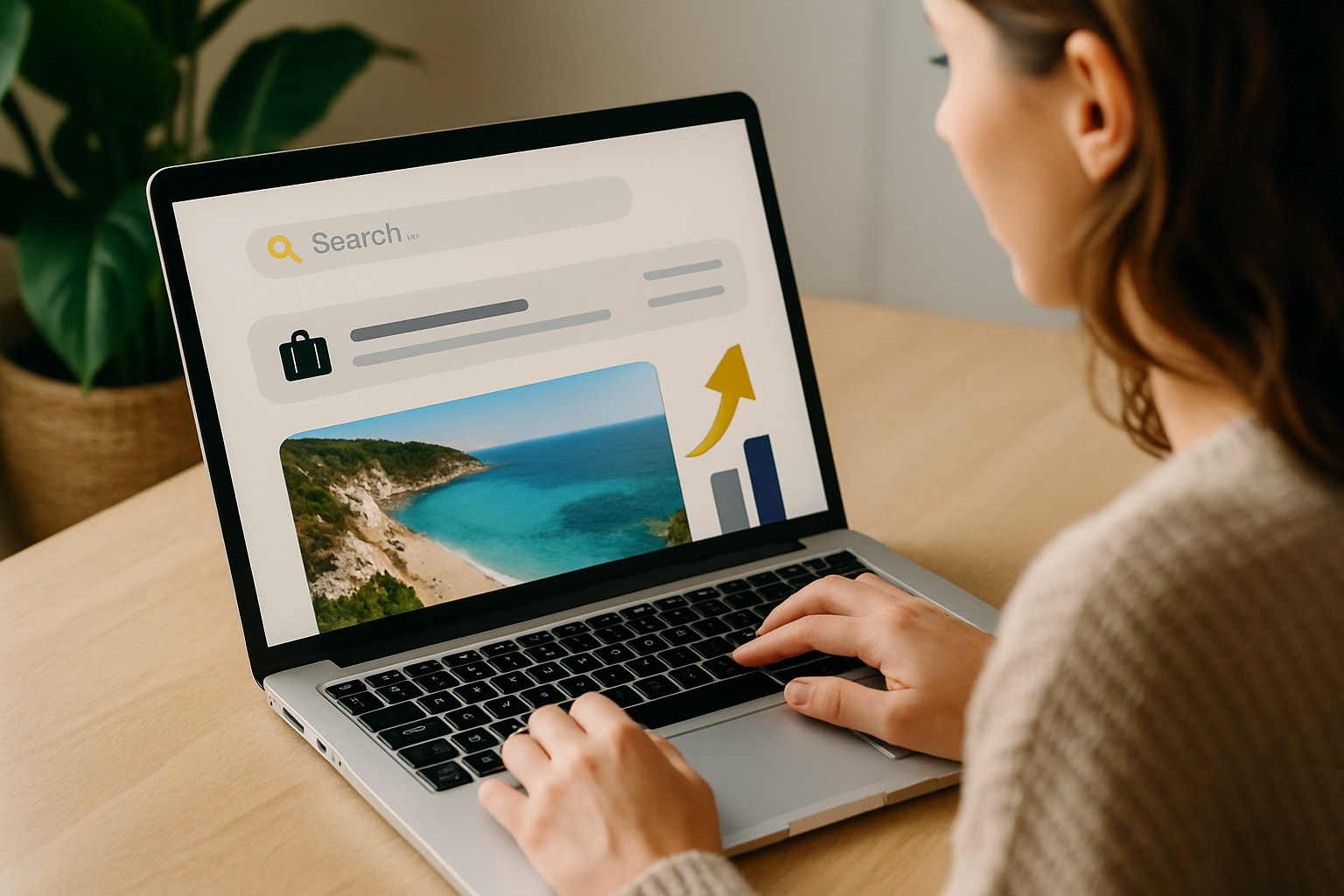 Woman using laptop browsing travel content