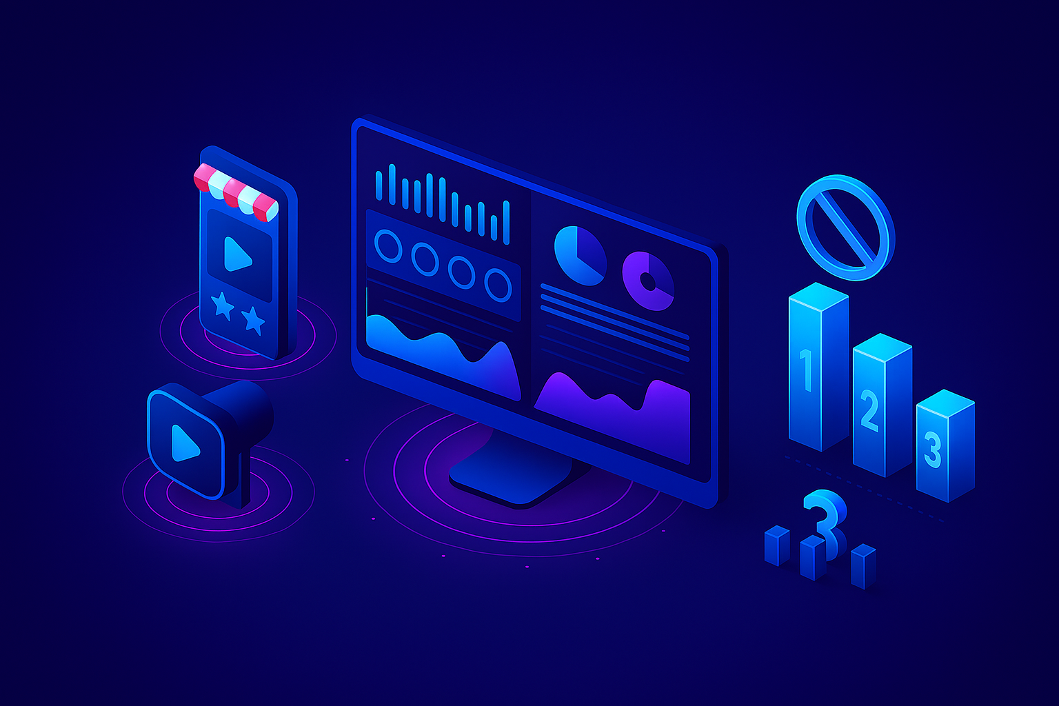 Isometric illustration of programmatic advertising elements, including a data dashboard, ad units, and frequency‑limit graphics in neon blue and purple