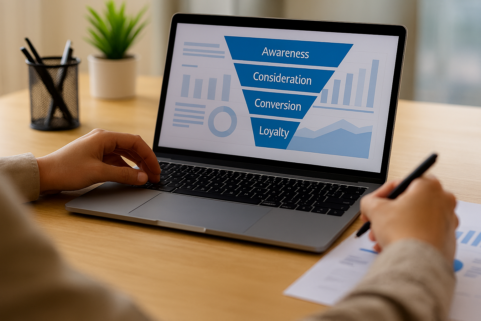 Laptop showing a marketing funnel diagram on a desk beside a notepad and pen.