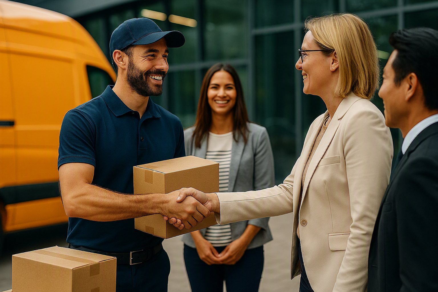 Delivery worker handing a package to a business professional