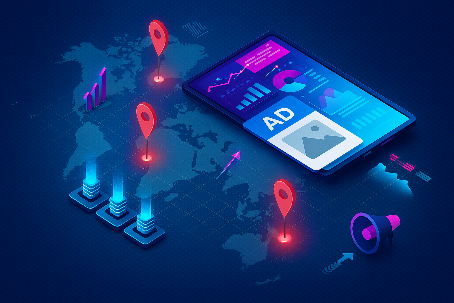 high‑tech, isometric, neon-style image