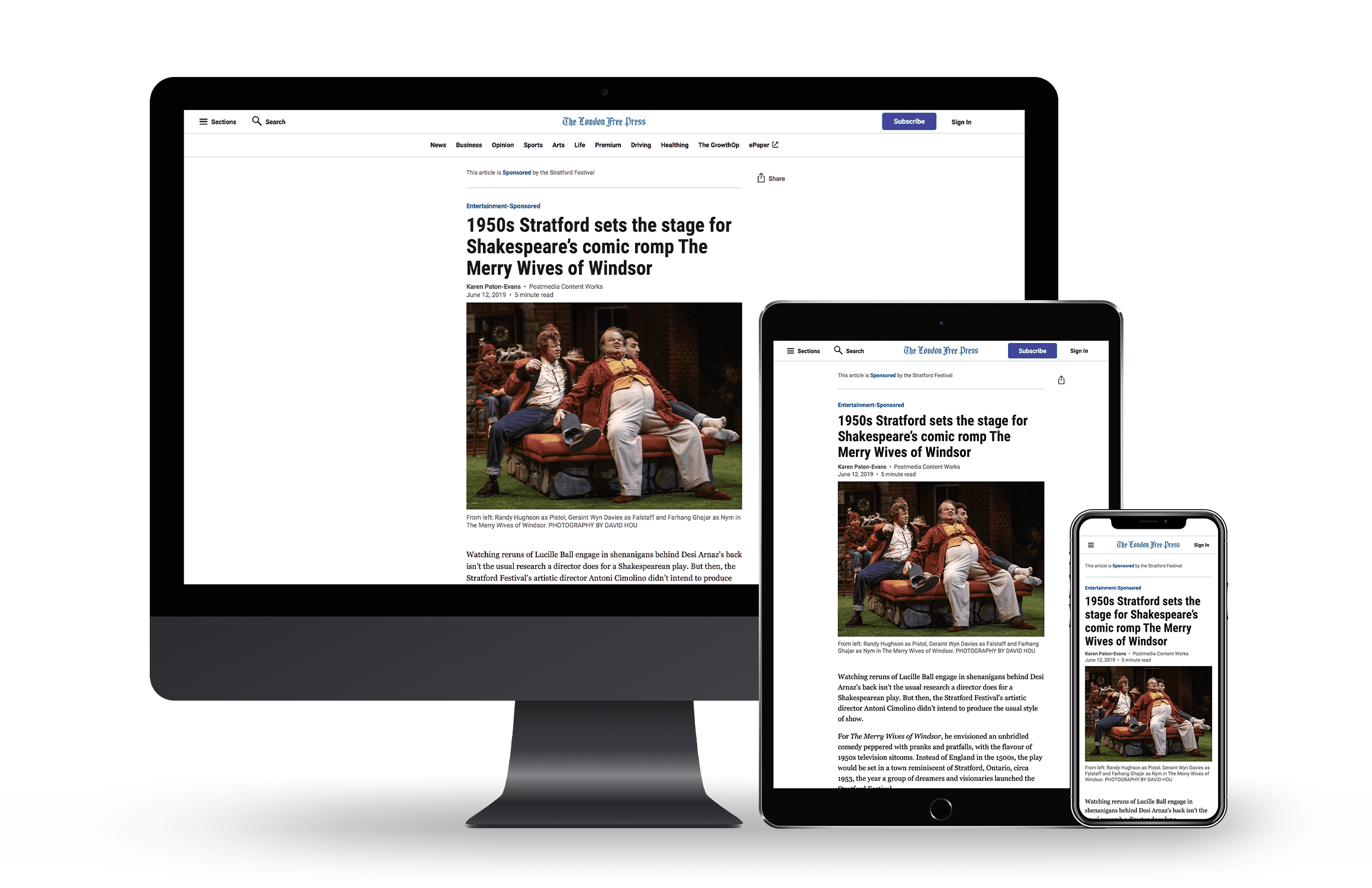 Stratford Festival sponsored content shown on multiple devices