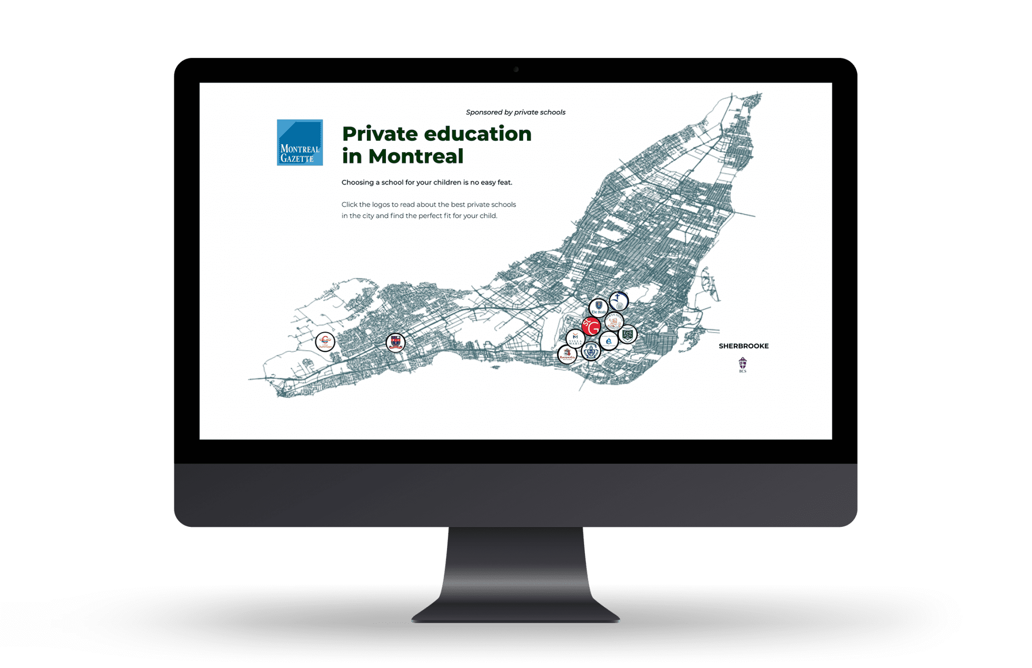 Private schools of Montreal sponsored content shown on a desktop computer